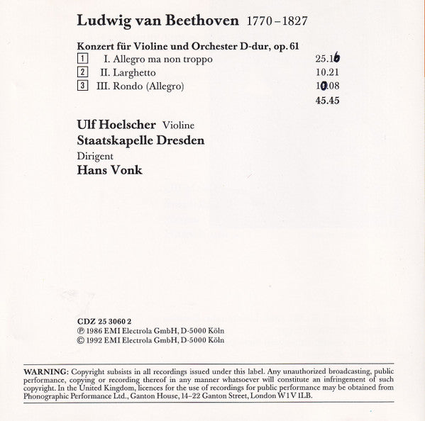 Ludwig van Beethoven, Ulf Hoelscher, Staatskapelle Dresden, Hans Vonk : Violinkonzert (CD, Album, RE)