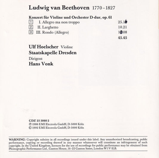 Ludwig van Beethoven, Ulf Hoelscher, Staatskapelle Dresden, Hans Vonk : Violinkonzert (CD, Album, RE)