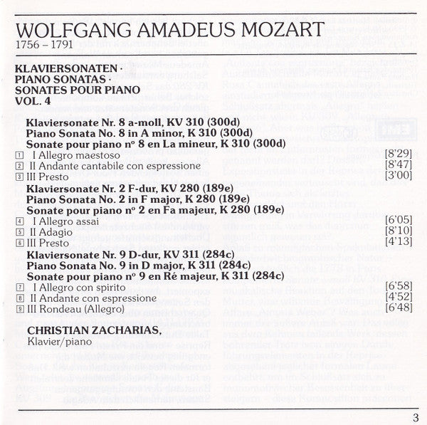 Wolfgang Amadeus Mozart, Christian Zacharias : Klaviersonaten = Piano Sonatas K.310 • 280 • 311  Vol. 4 (CD, Album)