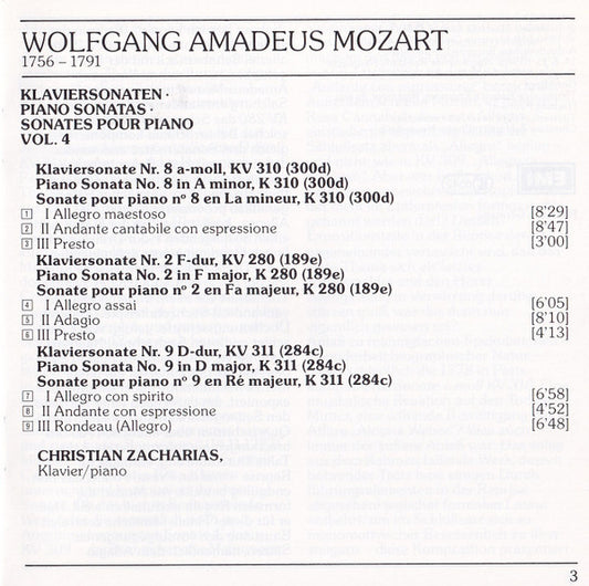 Wolfgang Amadeus Mozart, Christian Zacharias : Klaviersonaten = Piano Sonatas K.310 • 280 • 311  Vol. 4 (CD, Album)