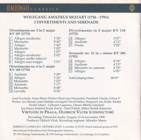 Wolfgang Amadeus Mozart  -  Virtuosi Di Praga : 3 Divertimenti KV 138, 187, 188 / Serenade KV 388 (CD, RE)