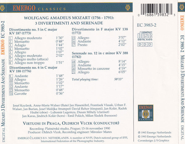 Wolfgang Amadeus Mozart  -  Virtuosi Di Praga : 3 Divertimenti KV 138, 187, 188 / Serenade KV 388 (CD, RE)