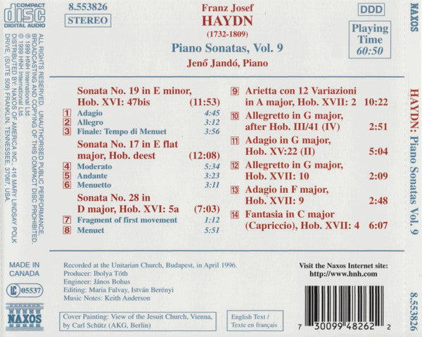 Joseph Haydn • Jenö Jandó : Piano Sonatas, Vol. 9: Nos. 17, 19 And 28 • Arietta Con 12 Variazioni • Fantasia In C Major (CD, Album)