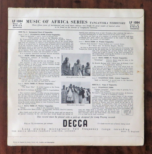 Various : Songs & Instrumental Music Of Tanganyika (10")