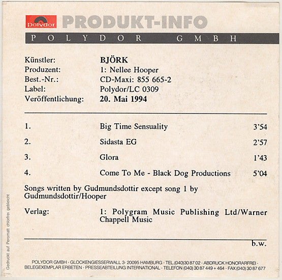 Björk : Big Time Sensuality (CD, Single, RP, SID)