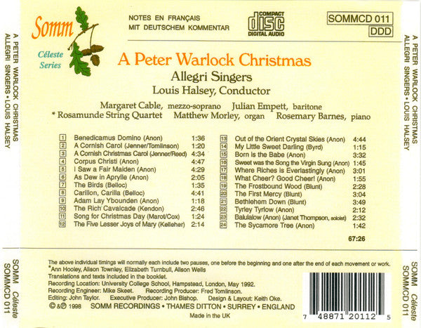 Peter Warlock / Allegri Singers Conducted By Louis Halsey / Margaret Cable : A Peter Warlock Christmas (CD)