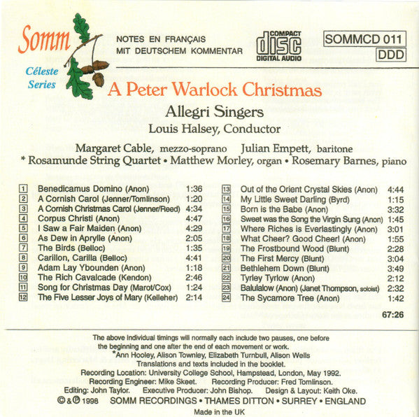 Peter Warlock / Allegri Singers Conducted By Louis Halsey / Margaret Cable : A Peter Warlock Christmas (CD)