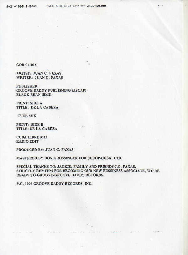 Juan C. Faxas : De La Cabeza (12", TP)