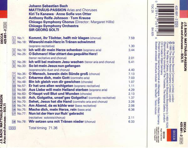 Johann Sebastian Bach / Kiri Te Kanawa, Anne Sofie Von Otter, Anthony Rolfe Johnson, Tom Krause / Chicago Symphony Orchestra And Chicago Symphony Chorus, Georg Solti : Bach: Matthäus-Passion (Arias And Choruses) (CD)