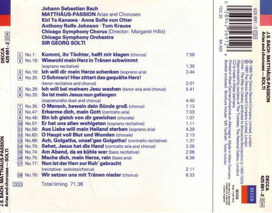 Johann Sebastian Bach / Kiri Te Kanawa, Anne Sofie Von Otter, Anthony Rolfe Johnson, Tom Krause / Chicago Symphony Orchestra And Chicago Symphony Chorus, Georg Solti : Bach: Matthäus-Passion (Arias And Choruses) (CD)