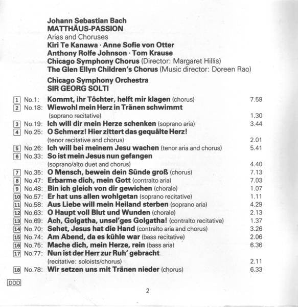 Johann Sebastian Bach / Kiri Te Kanawa, Anne Sofie Von Otter, Anthony Rolfe Johnson, Tom Krause / Chicago Symphony Orchestra And Chicago Symphony Chorus, Georg Solti : Bach: Matthäus-Passion (Arias And Choruses) (CD)