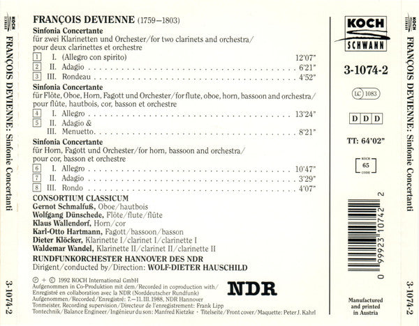 François Devienne - Consortium Classicum, Rundfunkorchester Hannover, Wolf-Dieter Hauschild : Sinfonie Concertanti (CD, Album)