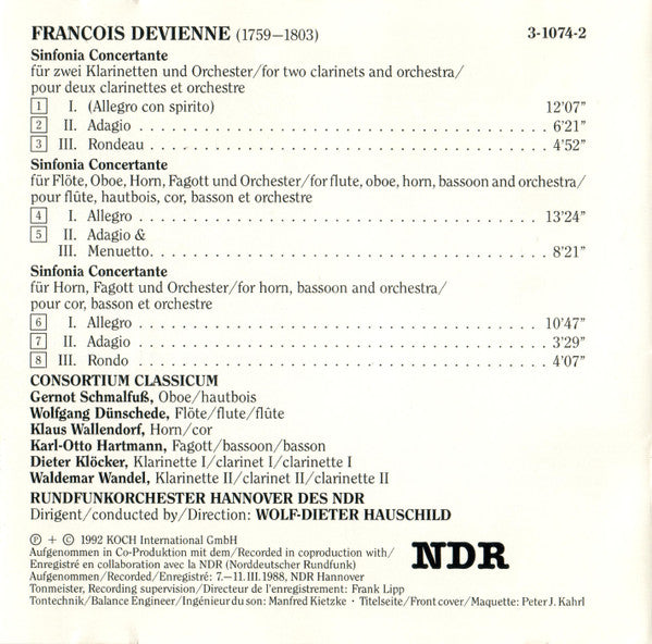 François Devienne - Consortium Classicum, Rundfunkorchester Hannover, Wolf-Dieter Hauschild : Sinfonie Concertanti (CD, Album)