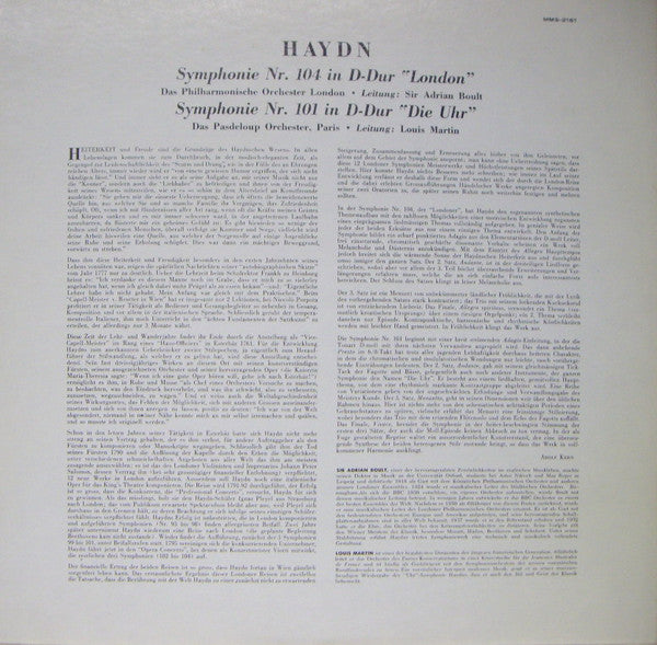 Joseph Haydn, Sir Adrian Boult, Louis Martin, London Philharmonic Orchestra, Orchestre De L'Association Des Concerts Pasdeloup : Symphonie Nr. 104 In D-dur "London" -  Symphonie Nr. 101 In D-dur "Die Uhr " (LP, Mono)