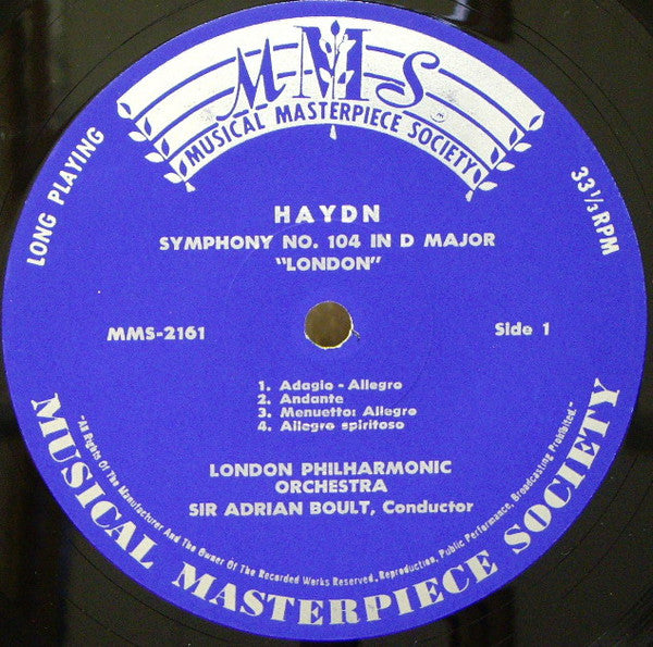 Joseph Haydn, Sir Adrian Boult, Louis Martin, London Philharmonic Orchestra, Orchestre De L'Association Des Concerts Pasdeloup : Symphonie Nr. 104 In D-dur "London" -  Symphonie Nr. 101 In D-dur "Die Uhr " (LP, Mono)