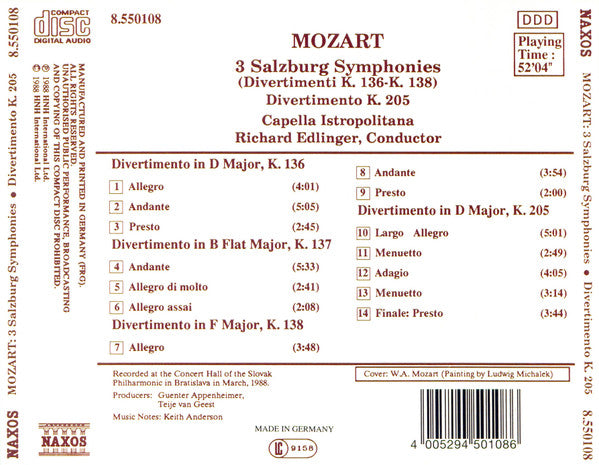 Wolfgang Amadeus Mozart, Capella Istropolitana, Richard Edlinger : Salzburg Symphonies / Divertimento K. 205 (CD, Album, RE)