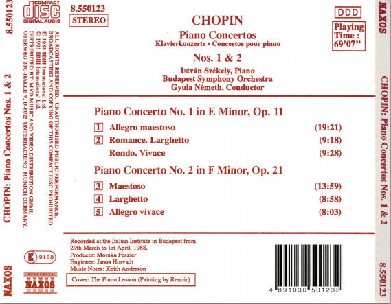 Frédéric Chopin - Istvan Szekely, Budapest Symphony Orchestra, Gyula Németh : Piano Concertos Nos. 1 & 2 (CD)