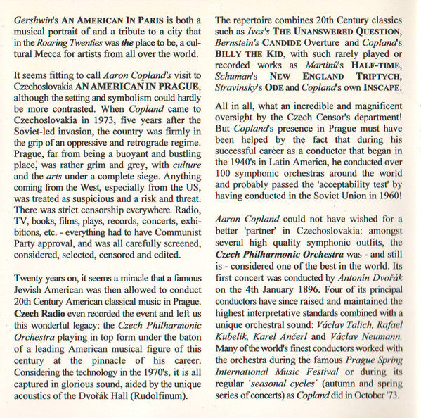 Aaron Copland Conducts The Czech Philharmonic Orchestra : An American In Prague (CD, Album)