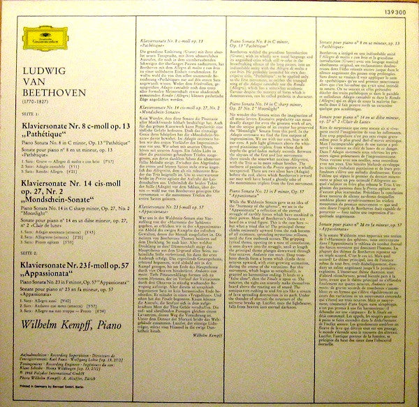 Ludwig van Beethoven – Wilhelm Kempff : Sonaten - Pathétique · Mondschein - Moonlight · Appassionata (LP, RP)
