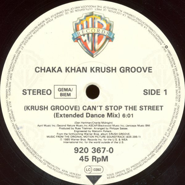 Chaka Khan : (Krush Groove) Can't Stop The Street (12", Maxi)