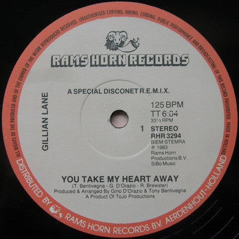 Gillian Lane : You Take My Heart Away (A Special Remixed Disconet Version) (12", S/Sided)