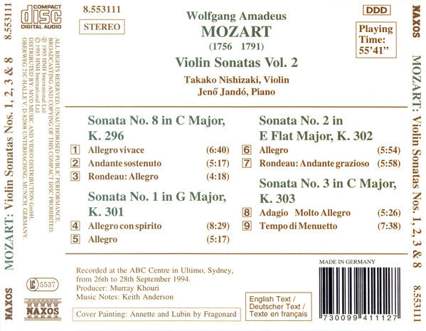 Wolfgang Amadeus Mozart, Takako Nishizaki, Jenö Jandó : Violin Sonatas Vol. 2 K. 296 K. 301-303 (CD)