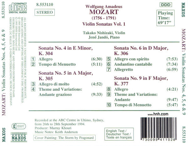 Wolfgang Amadeus Mozart, Takako Nishizaki, Jenö Jandó : Violin Sonatas Vol. 1 (K. 304 - 306 • K. 377) (CD, Album, RE)