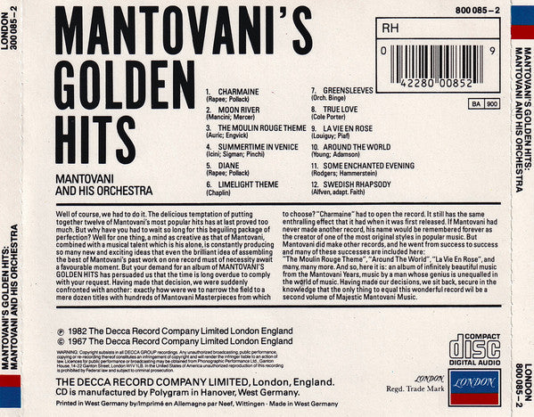Mantovani And His Orchestra : Mantovani's Golden Hits (CD, Comp, RE, RP)