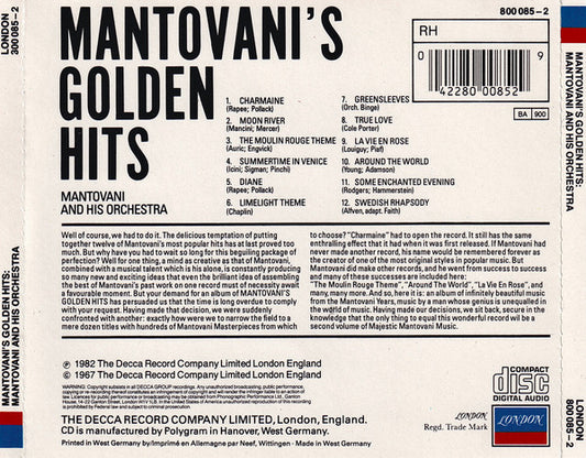 Mantovani And His Orchestra : Mantovani's Golden Hits (CD, Comp, RE, RP)