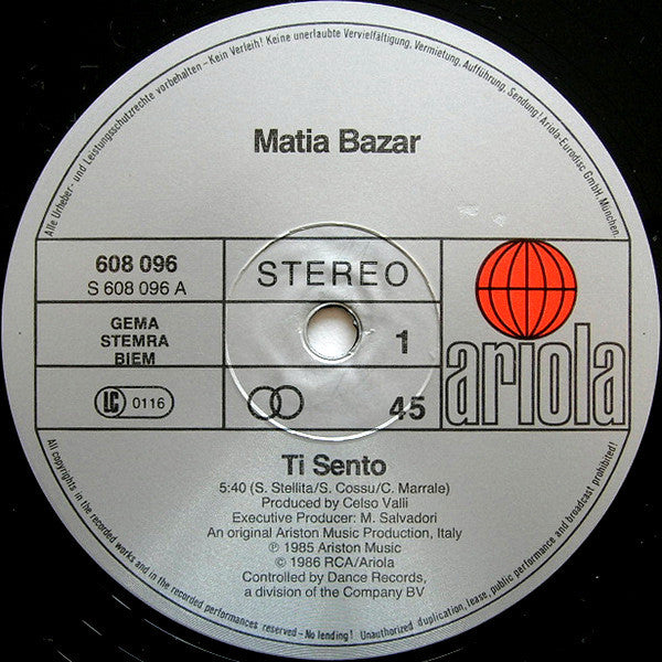 Matia Bazar : Ti Sento (12", Maxi)