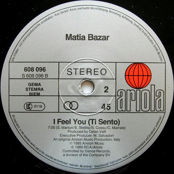 Matia Bazar : Ti Sento (12", Maxi)