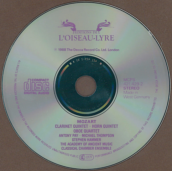 Wolfgang Amadeus Mozart, Antony Pay, Michael Thompson (2), Stephen Hammer, The Academy Of Ancient Music Chamber Ensemble : Clarinet Quintet / Horn Quintet / Oboe Quartet (CD, Album)