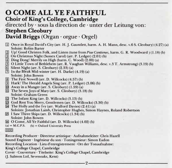 The King's College Choir Of Cambridge, Stephen Cleobury : O Come All Ye Faithful (CD)