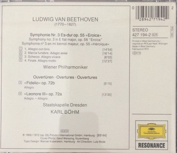 Ludwig van Beethoven, Karl Böhm : Symphony N0.3 "Eroica", "Fidelio" & "Leonore III" Overtures (CD, Comp)