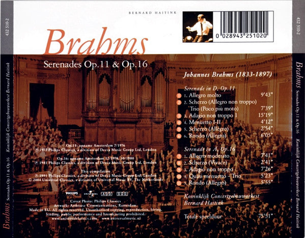 Johannes Brahms, Concertgebouworkest, Bernard Haitink : Serenades Op. 11 & Op. 16 (CD, Comp, RE)
