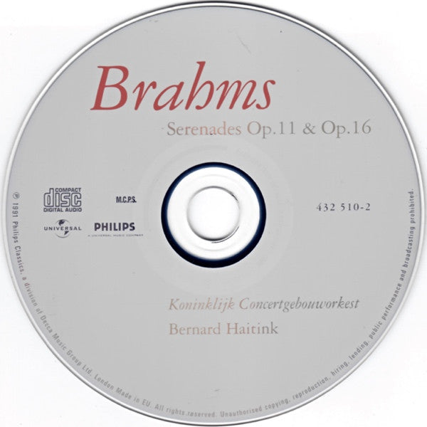 Johannes Brahms, Concertgebouworkest, Bernard Haitink : Serenades Op. 11 & Op. 16 (CD, Comp, RE)