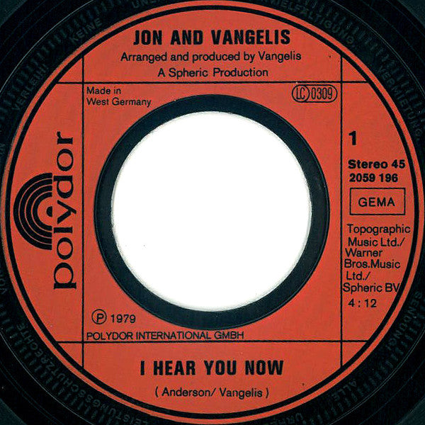 Jon & Vangelis : I Hear You Now (7", Single)