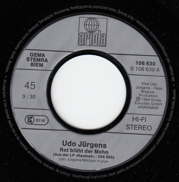 Udo Jürgens : Rot Blüht Der Mohn (7", Single)
