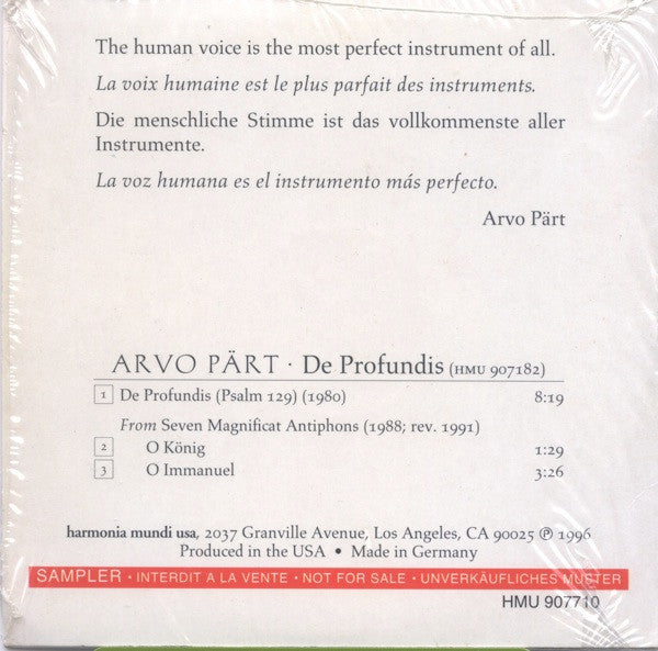 Arvo Pärt - Theatre Of Voices, Paul Hillier : De Profundis (CD, Promo, Smplr)