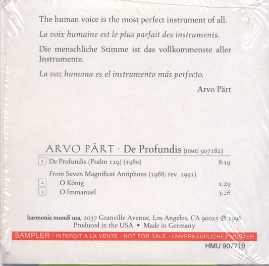 Arvo Pärt - Theatre Of Voices, Paul Hillier : De Profundis (CD, Promo, Smplr)