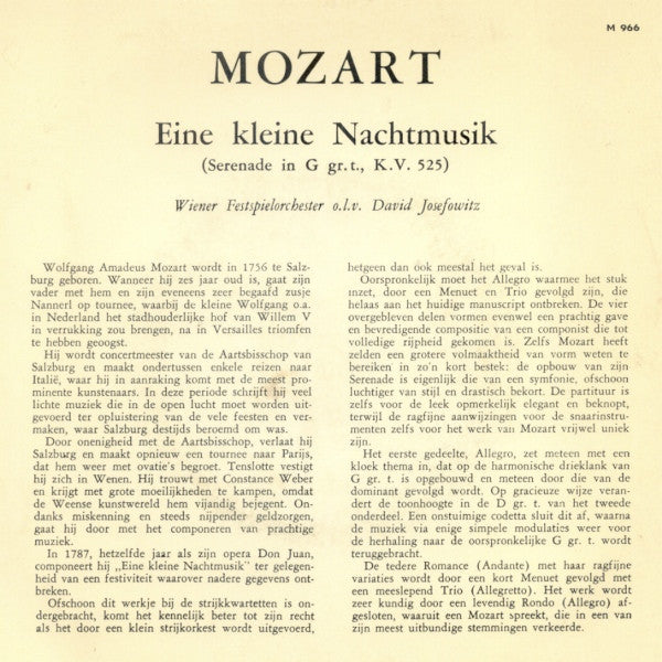 Wolfgang Amadeus Mozart / Wiener Festspielorchester / Leitung: David Josefowitz : Eine Kleine Nachtmusik (7", Mono)