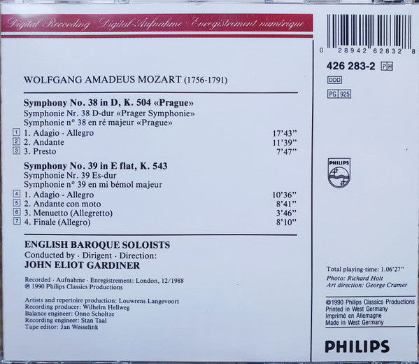 Wolfgang Amadeus Mozart - John Eliot Gardiner, The English Baroque Soloists : Symphonies Nos. 38 (Prague) & 39 (CD)
