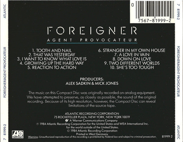 Foreigner : Agent Provocateur (CD, Album, Tar)