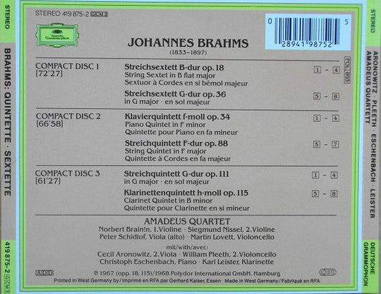 Johannes Brahms, Amadeus-Quartett, Cecil Aronowitz, William Pleeth, Christoph Eschenbach, Karl Leister : Quintette • Sextette (Opp. 18 • 34 • 36 • 88 • 111 • 115) (3xCD, Comp, RE)