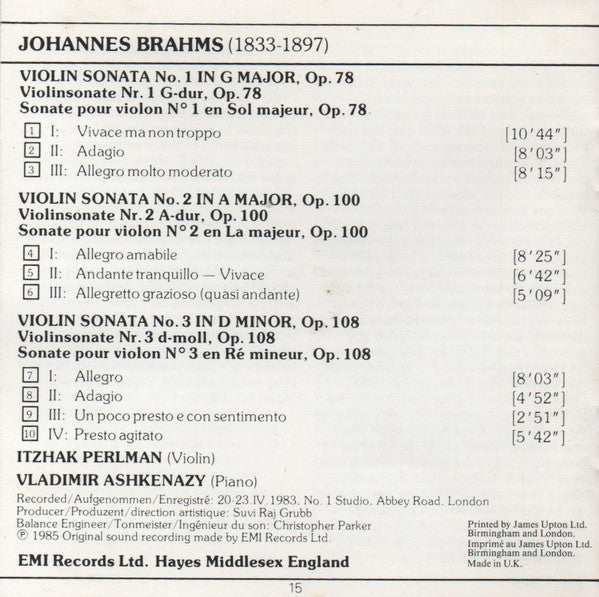 Johannes Brahms, Itzhak Perlman, Vladimir Ashkenazy : Violin Sonatas Nos. 1-3 (CD, Album)