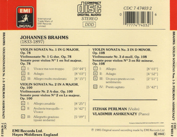 Johannes Brahms, Itzhak Perlman, Vladimir Ashkenazy : Violin Sonatas Nos. 1-3 (CD, Album)