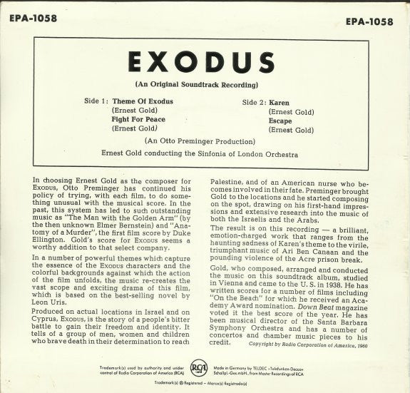 Ernest Gold Conducting The Sinfonia Of London : Exodus (7", EP, RE)