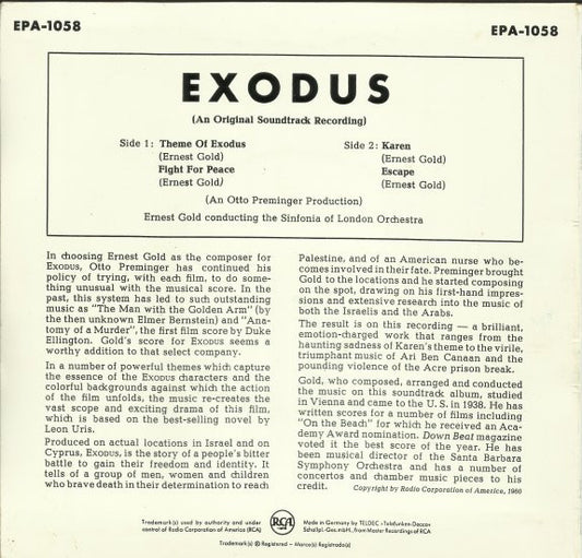 Ernest Gold Conducting The Sinfonia Of London : Exodus (7", EP, RE)