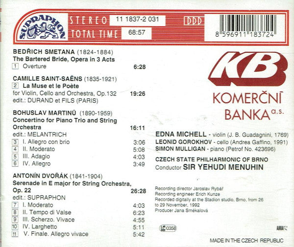 Yehudi Menuhin, Edna Michell, Leonid Gorokhov, Simon Mulligan, Brno State Philharmonic Orchestra : Menuhin Conducting Czech Music (CD, Album)
