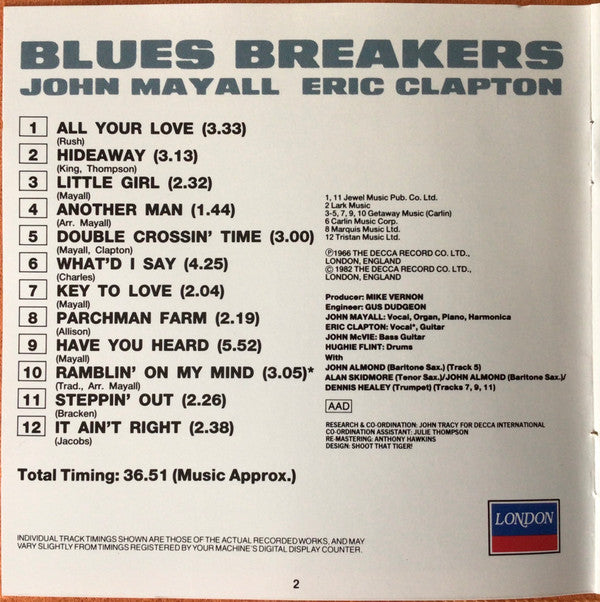 John Mayall With Eric Clapton : Blues Breakers (CD, Album, RE, RM)